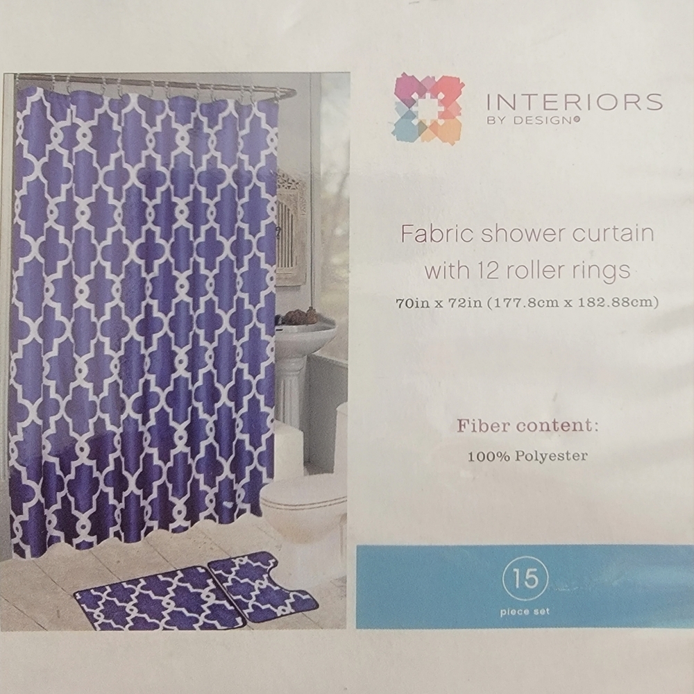 Interiors by Design Blue Shower Curtain Geometric Grids with 12 Roller Rings